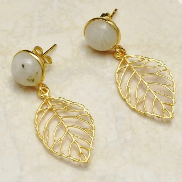 Moonstone Gold Leaf Earrings - Picture 2 of 3